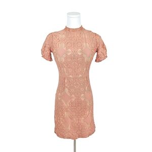 Altar’d State Blush Pink Lace Mini Dress Short Sleeve High Neck XS